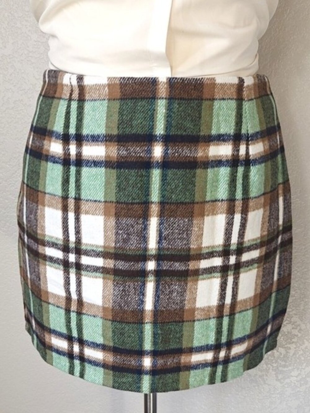 Oi Size XXL Mini Skirt Wool Blend Green Plaid Y2K Academia 90s Lined Side Zip